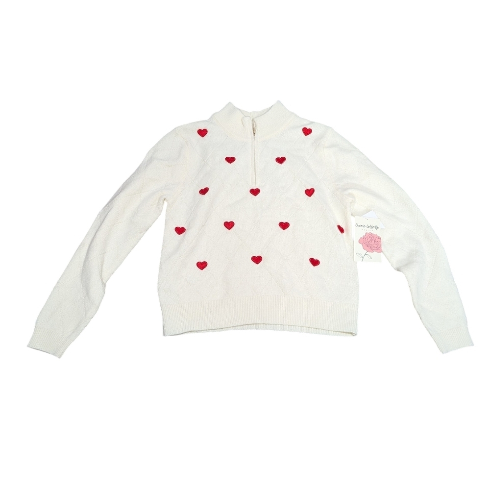 New CHERIE COLLETTE Heart Valentines Half-Zip Ivory Red Sweater (Women's Small)